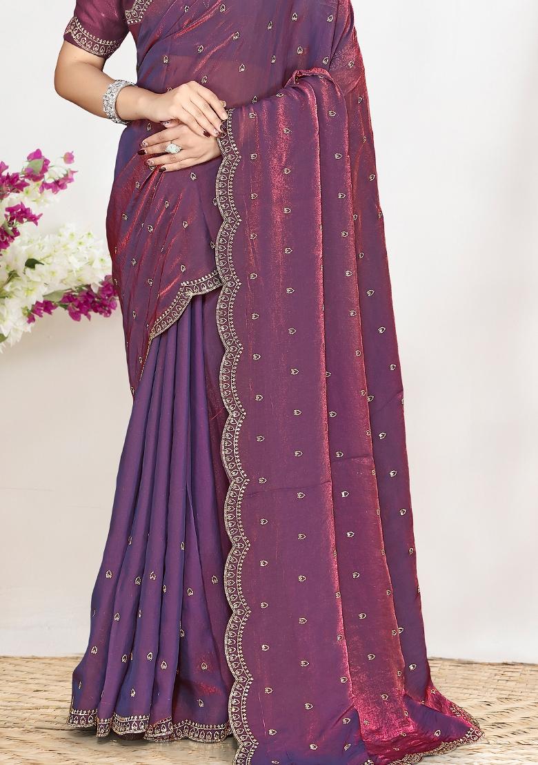 Purple Sequin Work Silk Blend Saree Set - Indya