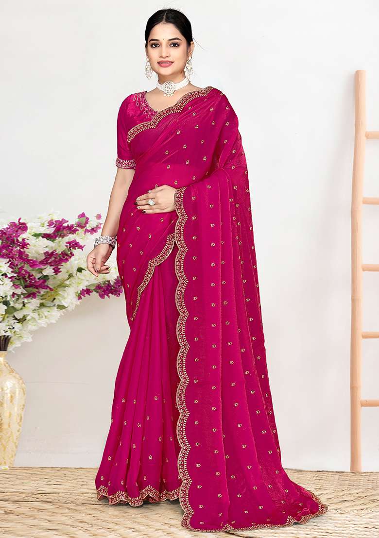 Magenta Work Silk Blend Saree Set with Sequin for Diwali | Wedding & Festive Wear - Indya