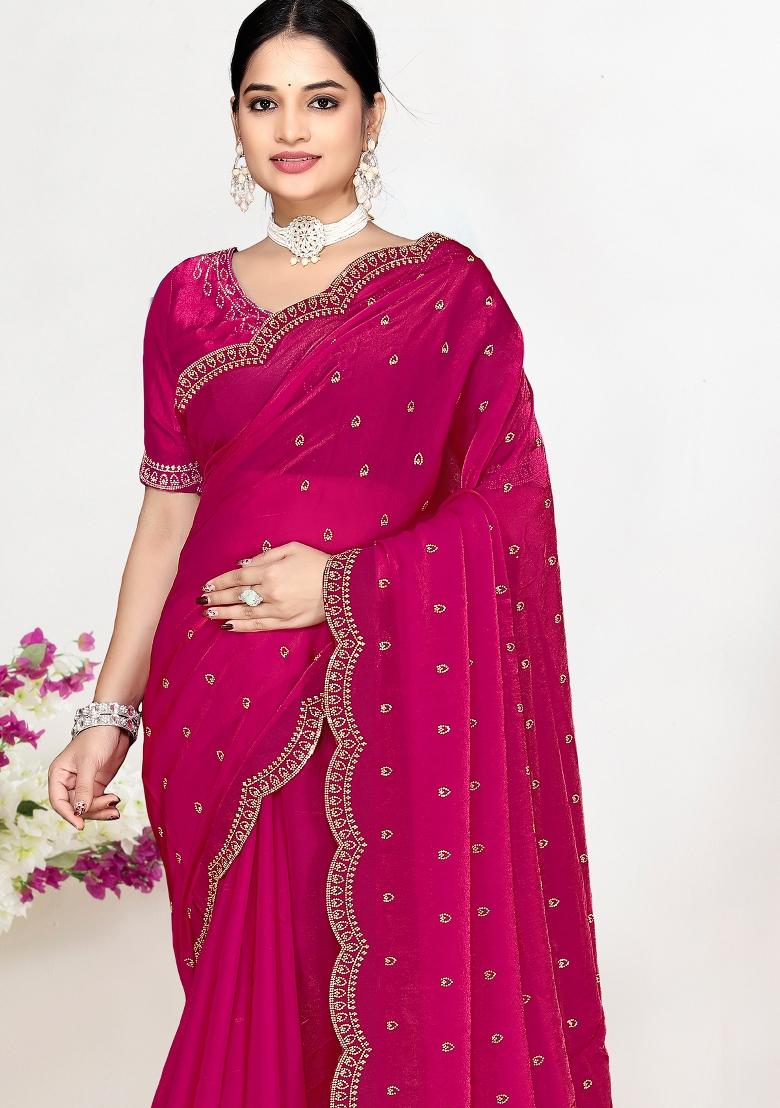 Magenta Sequin Work Silk Blend Saree Set - Indya