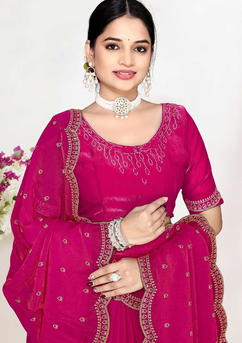 Magenta Work Silk Blend Saree Set with Sequin for Diwali | Wedding & Festive Wear - Indya