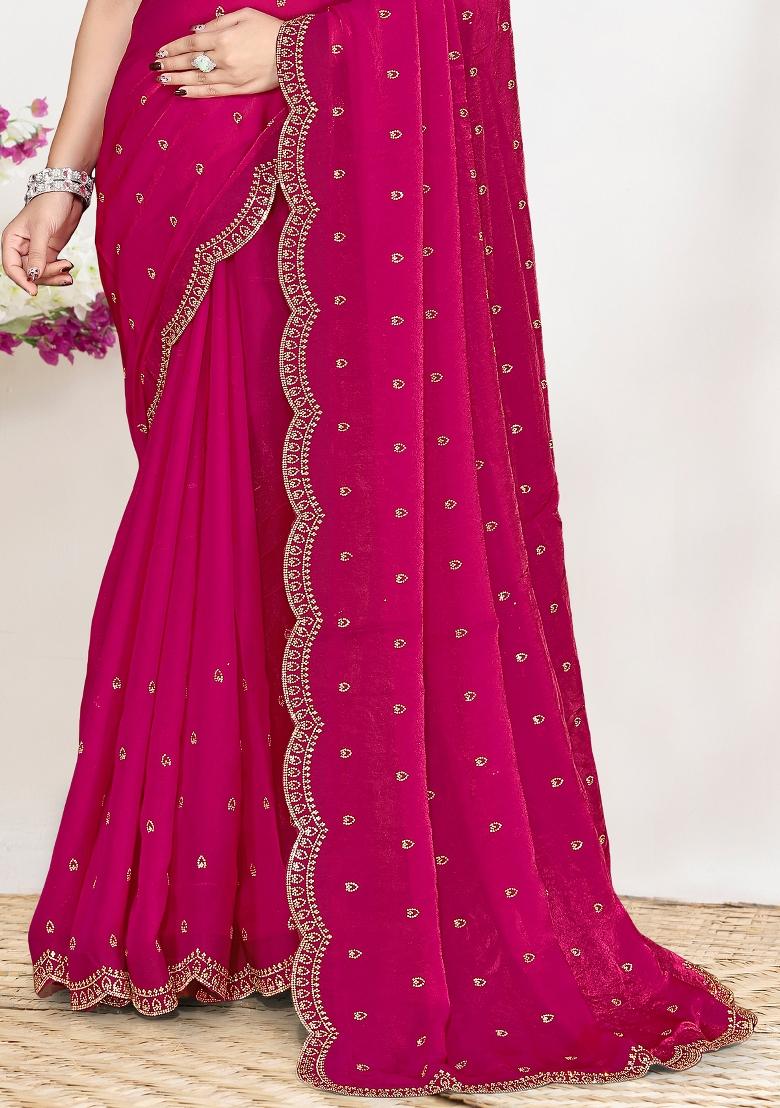 Magenta Sequin Work Silk Blend Saree Set - Indya