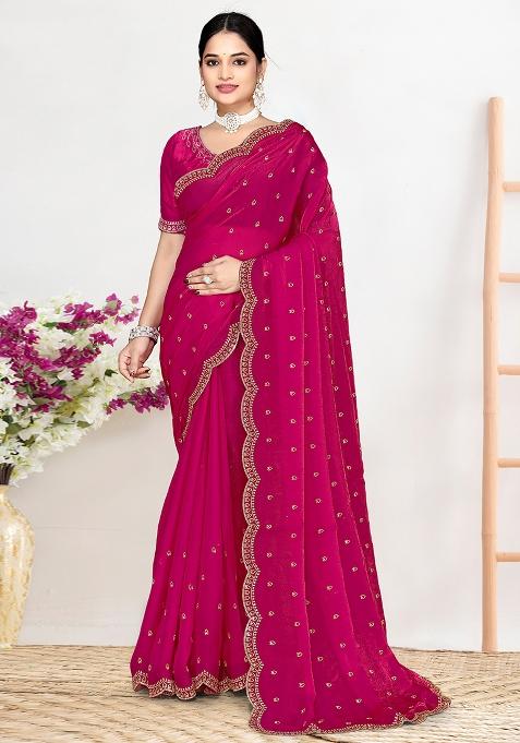 Magenta Sequin Work Silk Saree Set