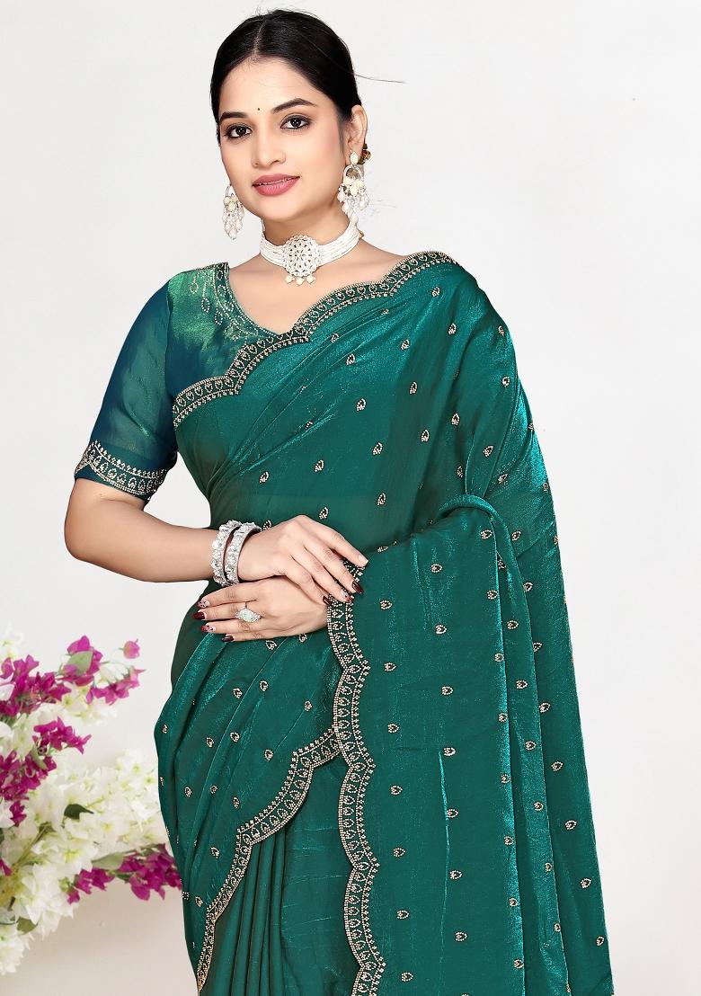 Green Sequin Work Silk Blend Saree Set - Indya