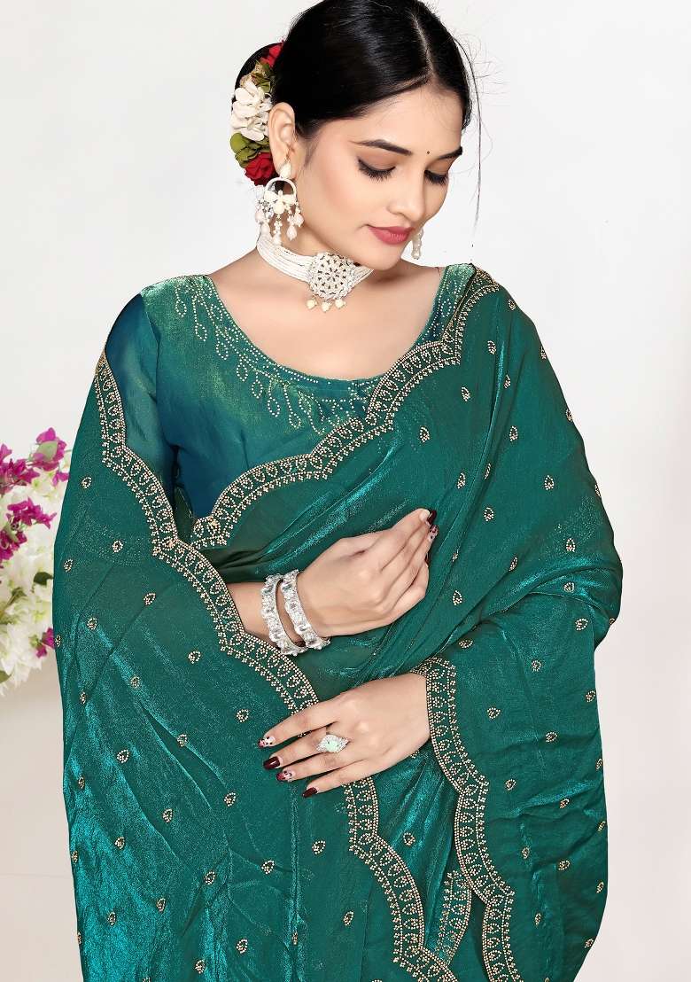 Green Work Silk Blend Saree Set with Sequin for Diwali | Wedding & Festive Wear - Indya