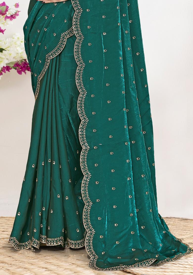 Green Sequin Work Silk Blend Saree Set - Indya