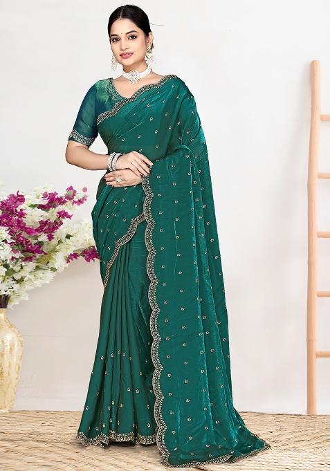 Green Sequin Work Silk Blend Saree Set