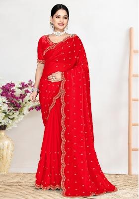 Red Sequin Work Silk Blend Saree Set