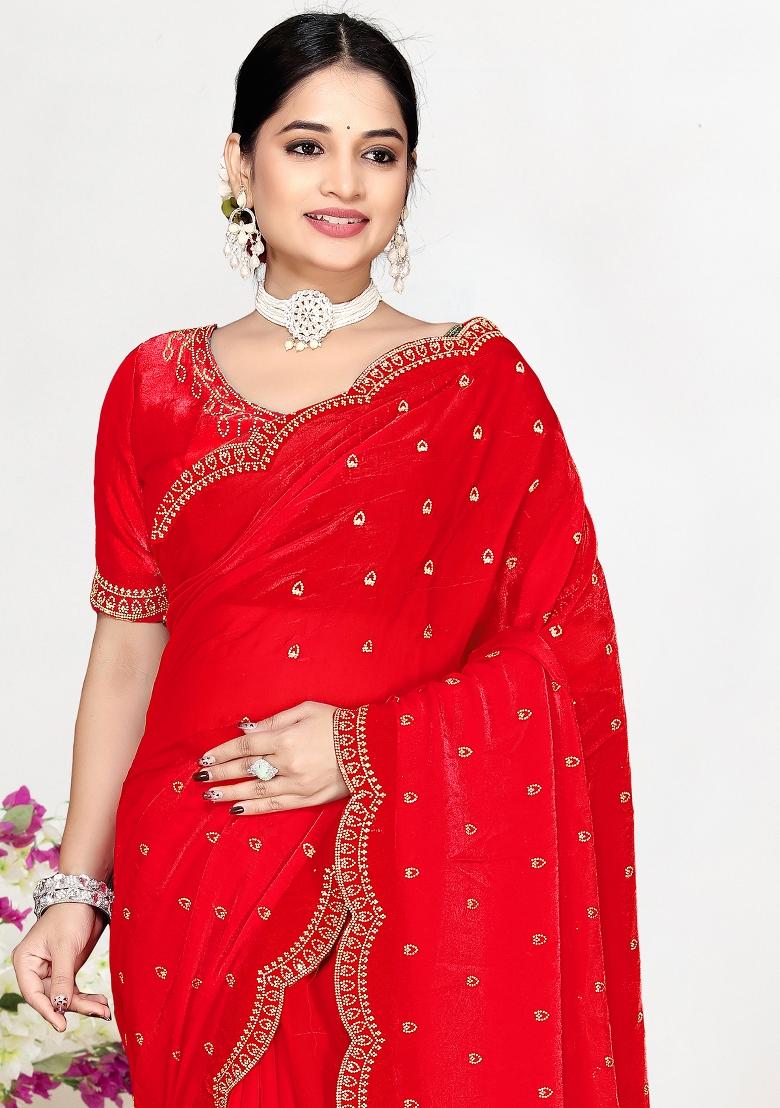 Red Sequin Work Silk Blend Saree Set - Indya