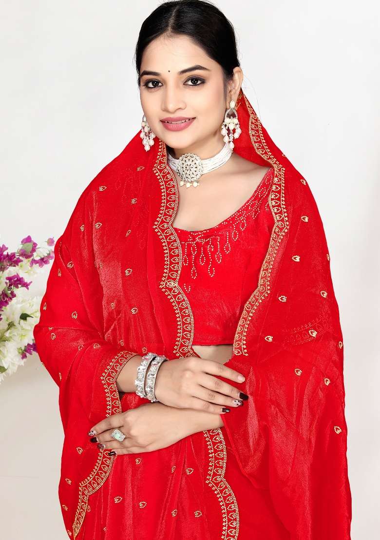 Red Sequin Work Silk Blend Saree Set for Diwali and Festive Wear - Indya