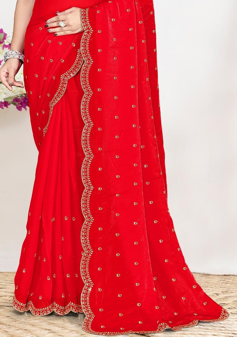 Red Sequin Work Silk Blend Saree Set - Indya