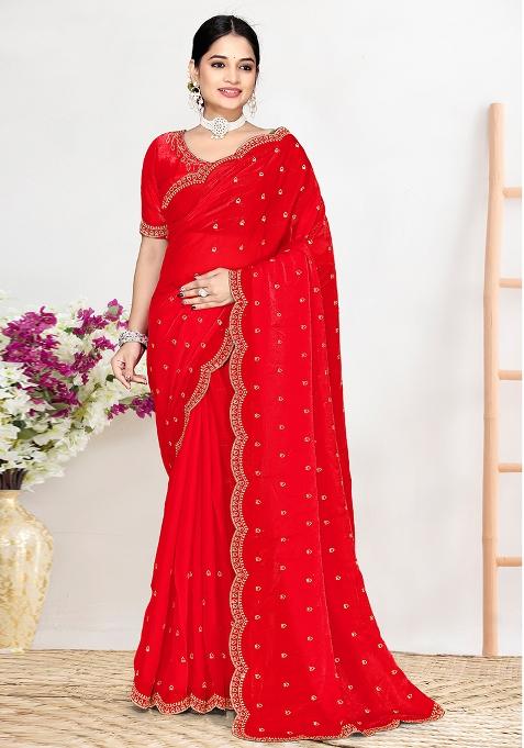 Red Sequin Work Silk Saree Set