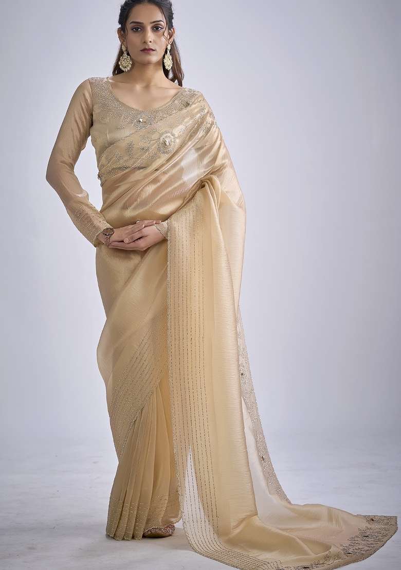 Beige Sequin Work Silk Blend Saree Set for Diwali and Festive Wear - Indya