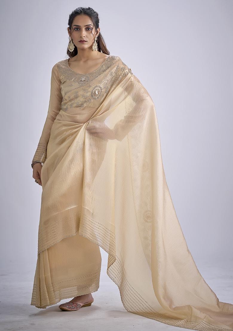 Beige Sequin Work Silk Blend Saree Set - Indya