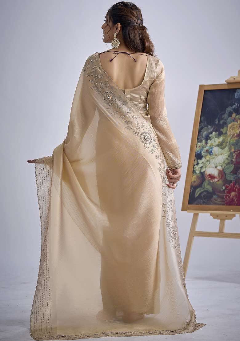 Beige Sequin Work Silk Blend Saree Set for Diwali and Festive Wear - Indya