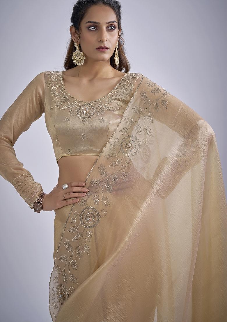 Beige Sequin Work Silk Blend Saree Set - Indya