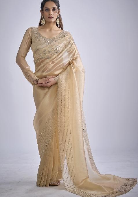 Beige Sequin Work Silk Saree Set