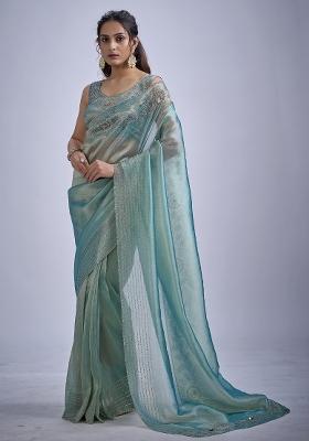 Sky Blue Sequin Work Silk Blend Saree Set