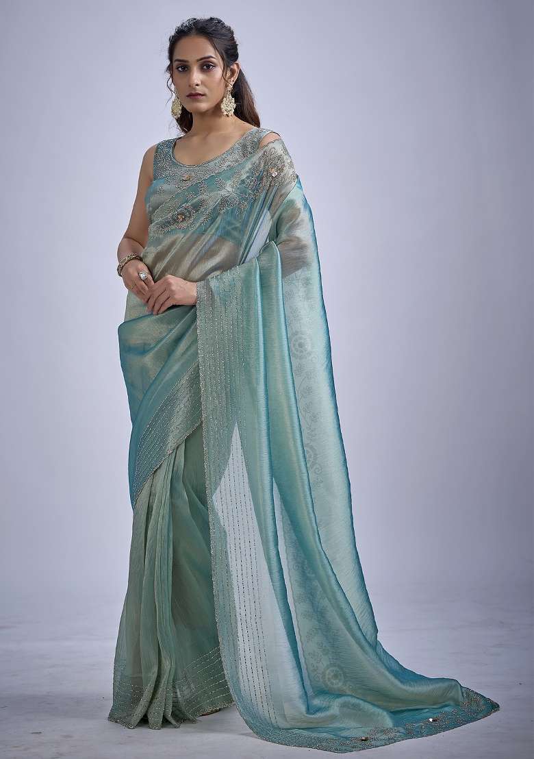 Sky Blue Work Silk Blend Saree Set with Sequin for Diwali | Wedding & Festive Wear - Indya