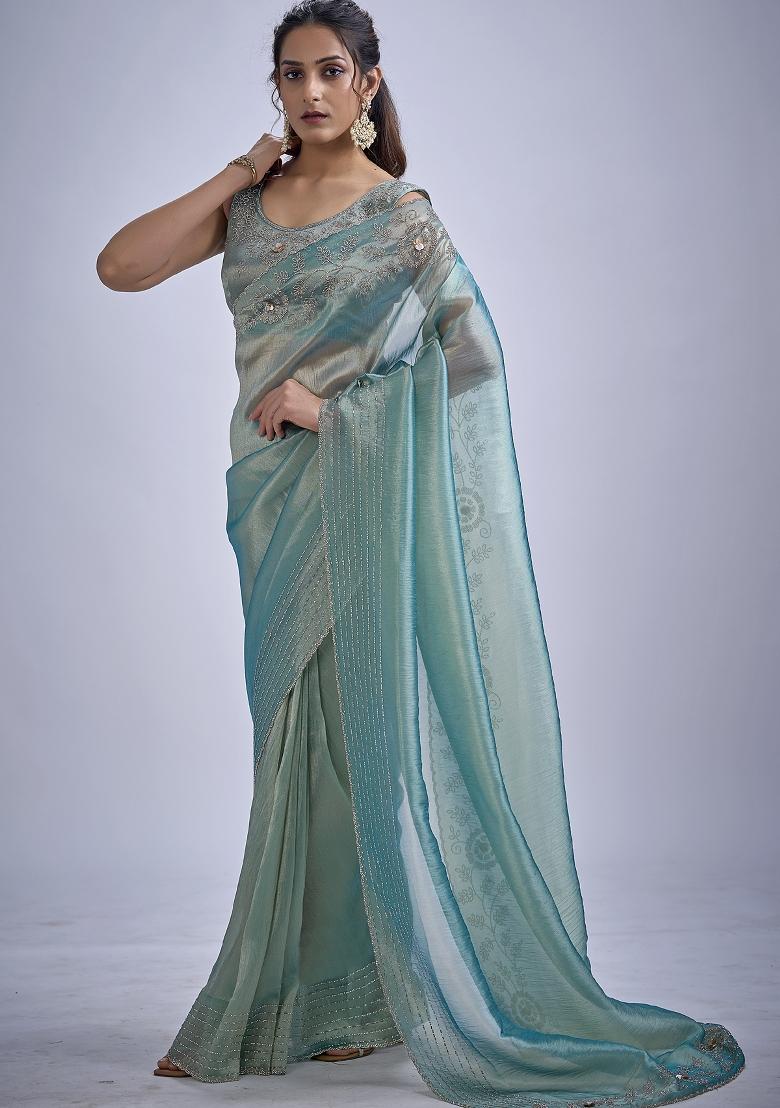 Sky Blue Sequin Work Silk Blend Saree Set - Indya