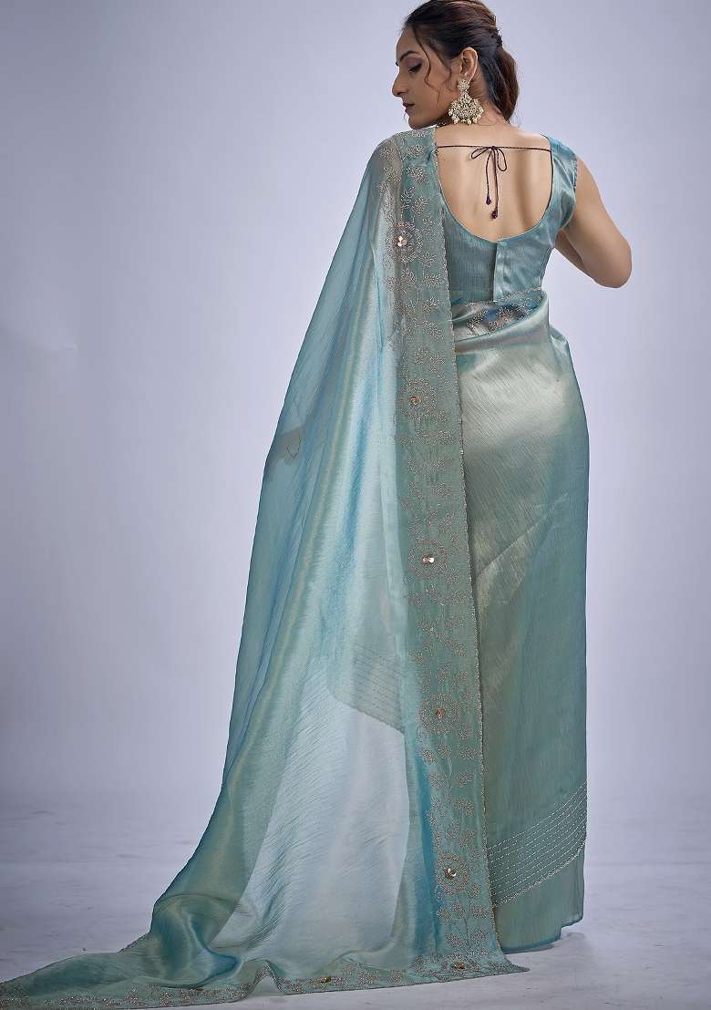 Sky Blue Work Silk Blend Saree Set with Sequin for Diwali | Wedding & Festive Wear - Indya