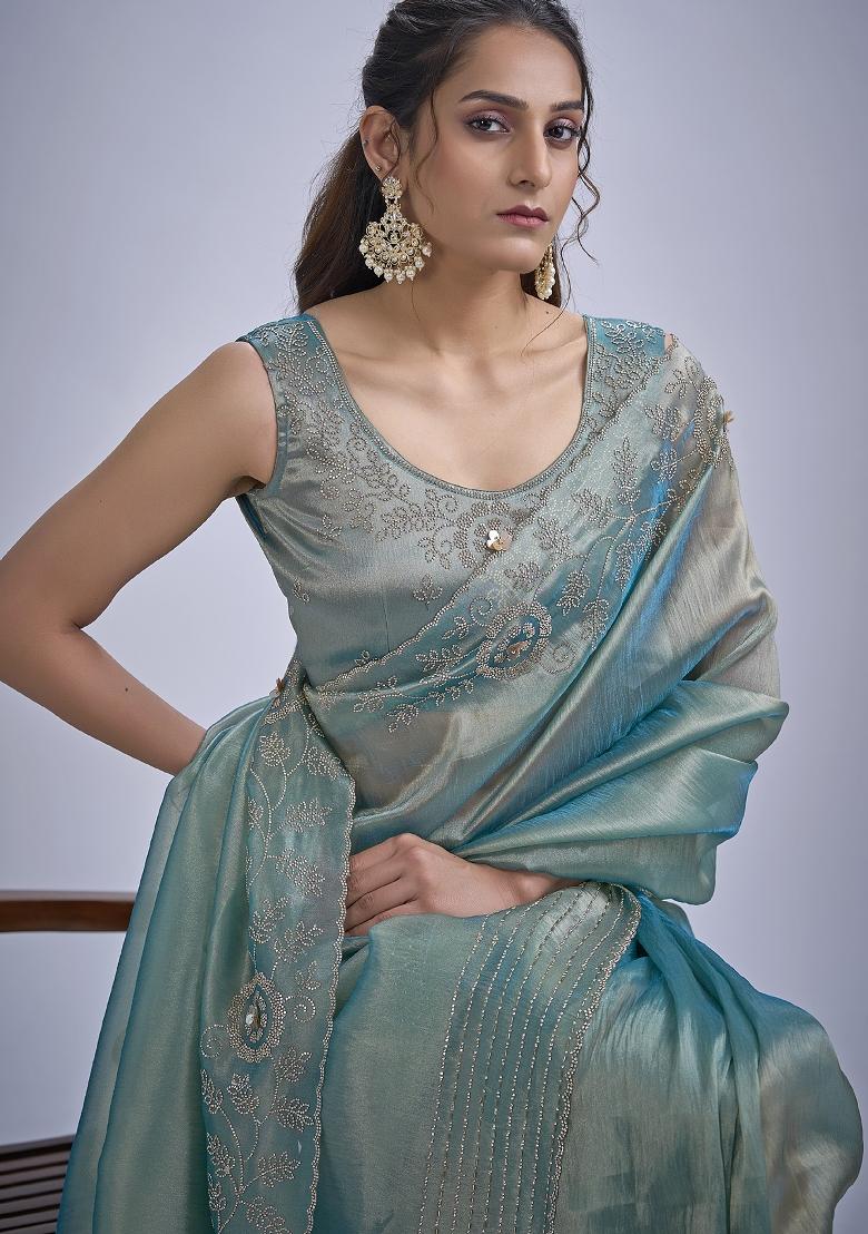 Sky Blue Sequin Work Silk Blend Saree Set - Indya