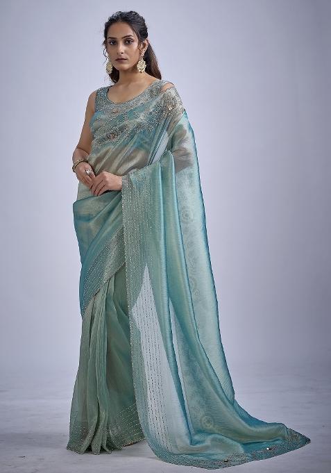 Sky Blue Sequin Work Silk Saree Set