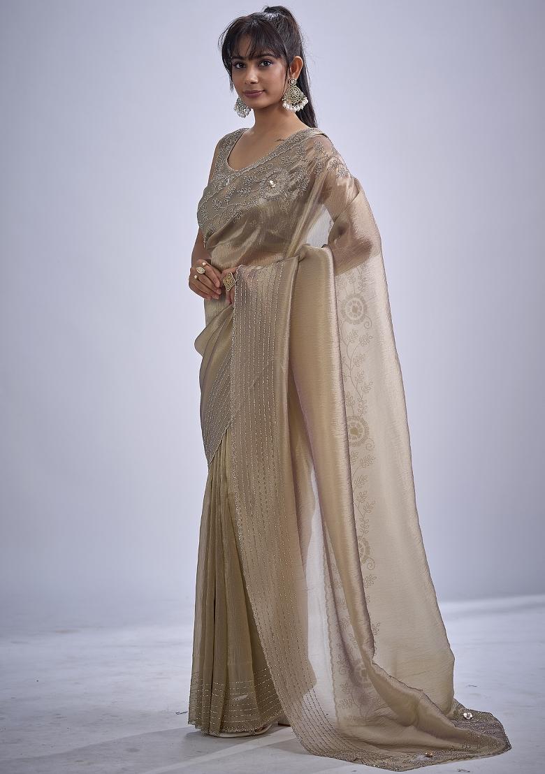 Beige Sequin Work Silk Blend Saree Set - Indya