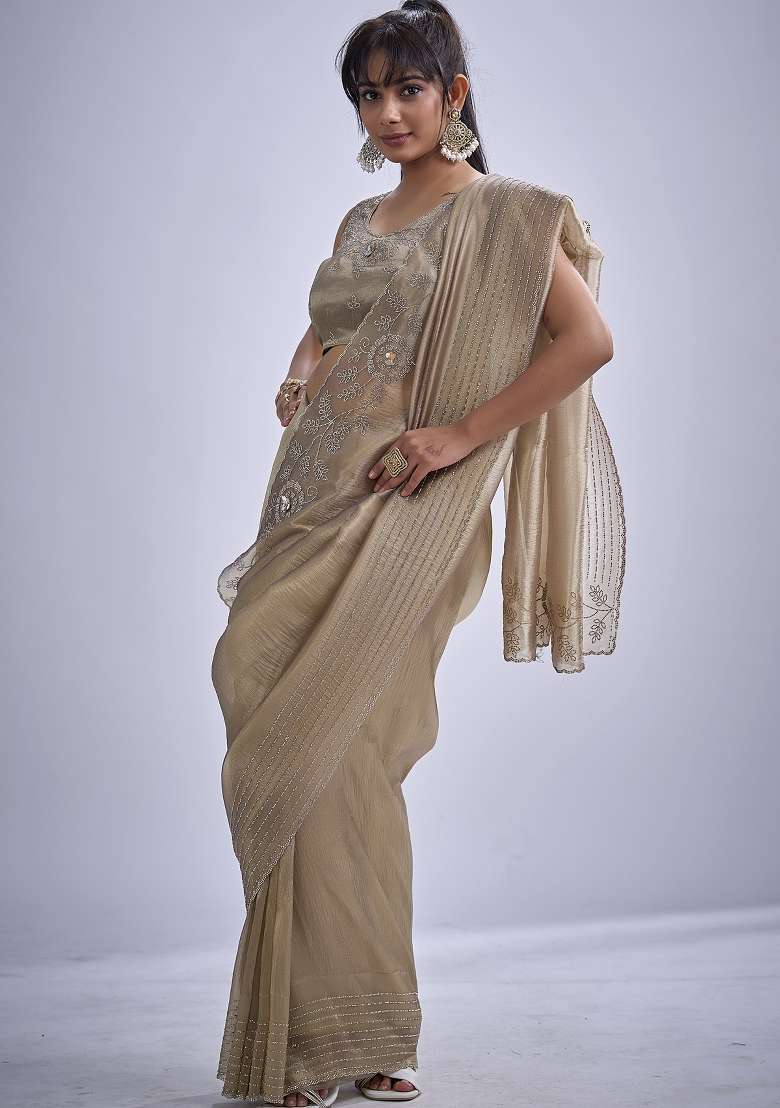 Beige Sequin Work Silk Blend Saree Set for Diwali and Festive Wear - Indya