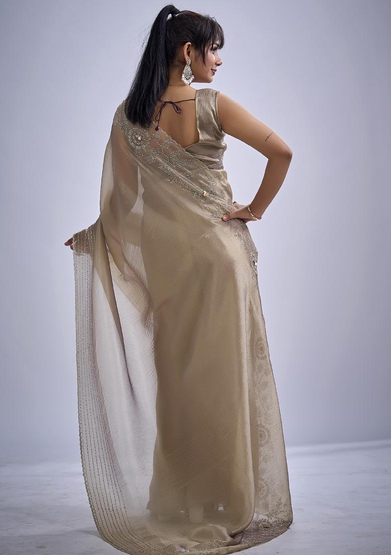 Beige Sequin Work Silk Blend Saree Set - Indya