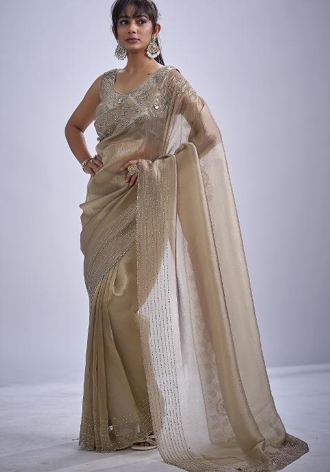 Beige Sequin Work Silk Blend Saree Set