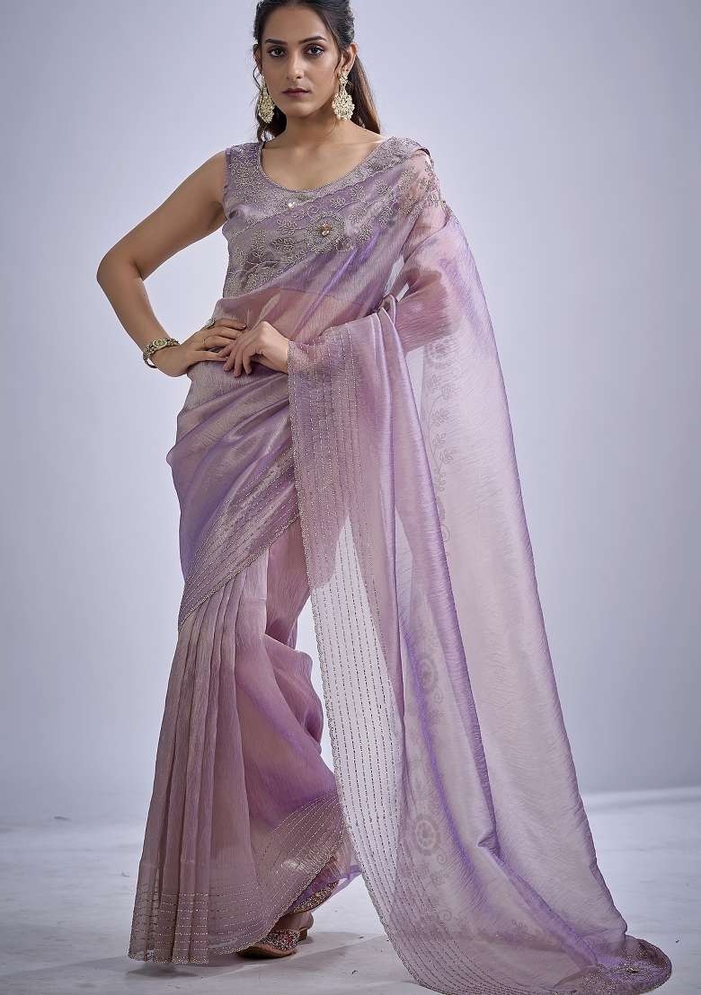 Lavender Work Silk Blend Saree Set with Sequin for Diwali | Wedding & Festive Wear - Indya