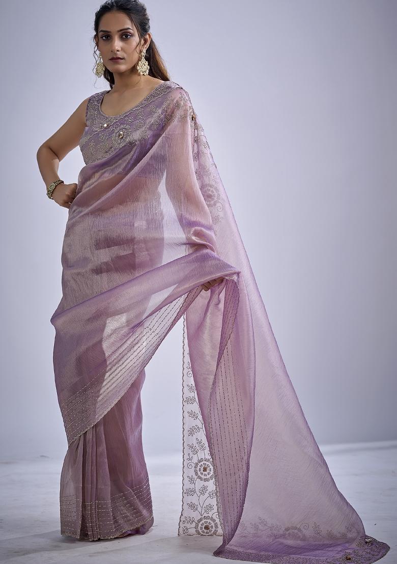 Lavender Sequin Work Silk Blend Saree Set - Indya