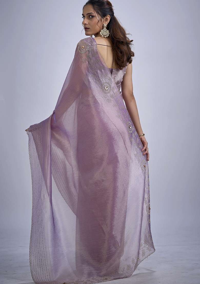 Lavender Work Silk Blend Saree Set with Sequin for Diwali | Wedding & Festive Wear - Indya