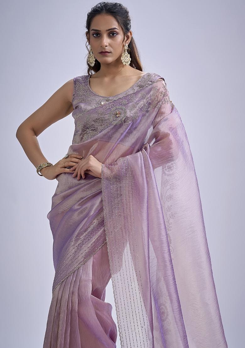 Lavender Sequin Work Silk Blend Saree Set - Indya