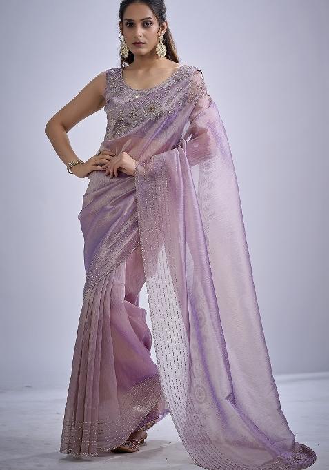 Lavender Sequin Work Silk Blend Saree Set