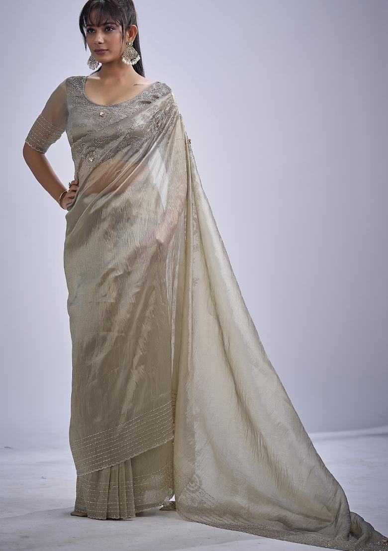 Beige Sequin Work Silk Blend Saree Set - Indya