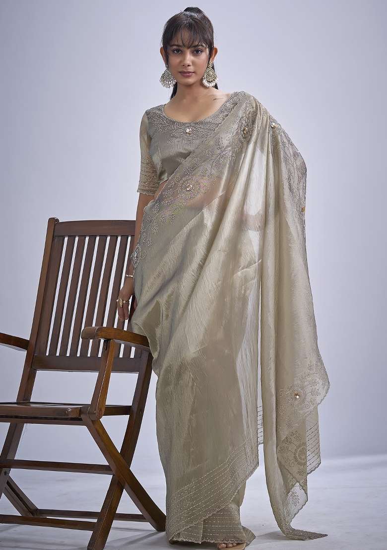 Beige Work Silk Blend Saree Set with Sequin for Diwali | Wedding & Festive Wear - Indya