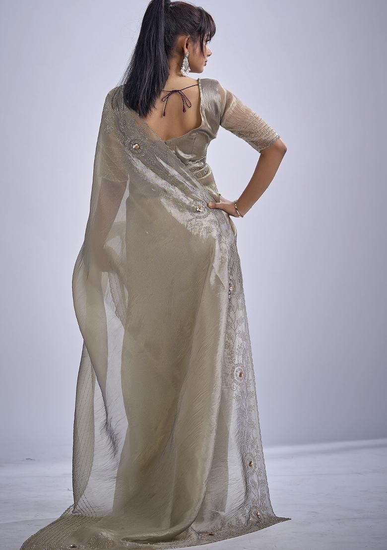 Beige Sequin Work Silk Blend Saree Set - Indya