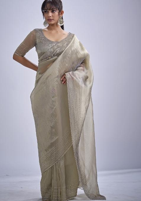 Beige Sequin Work Silk Saree Set