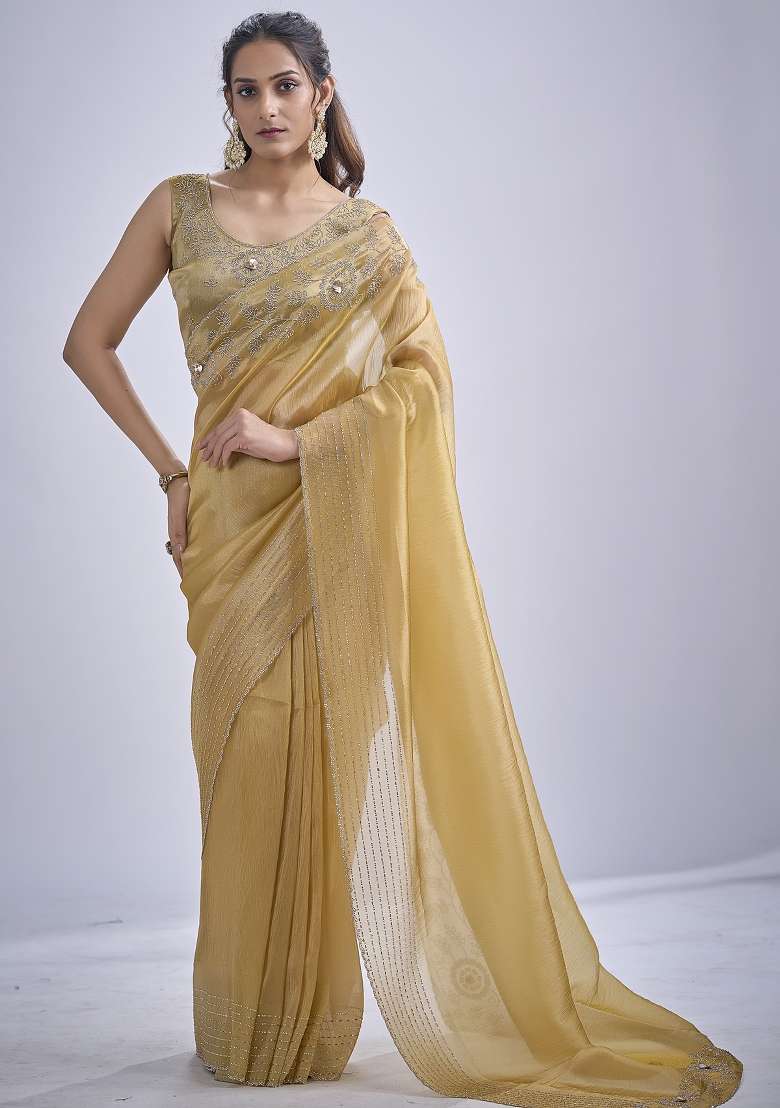 Mustard Sequin Work Silk Blend Saree Set for Diwali and Festive Wear - Indya