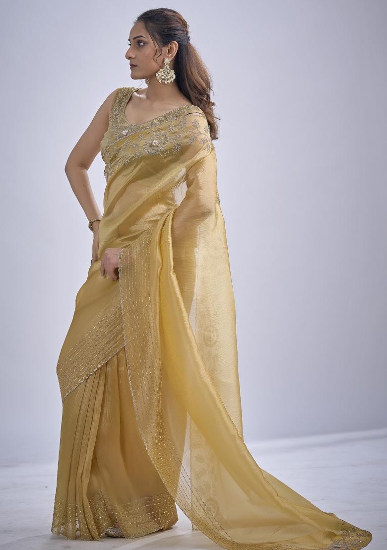 Mustard Sequin Work Silk Blend Saree Set - Indya