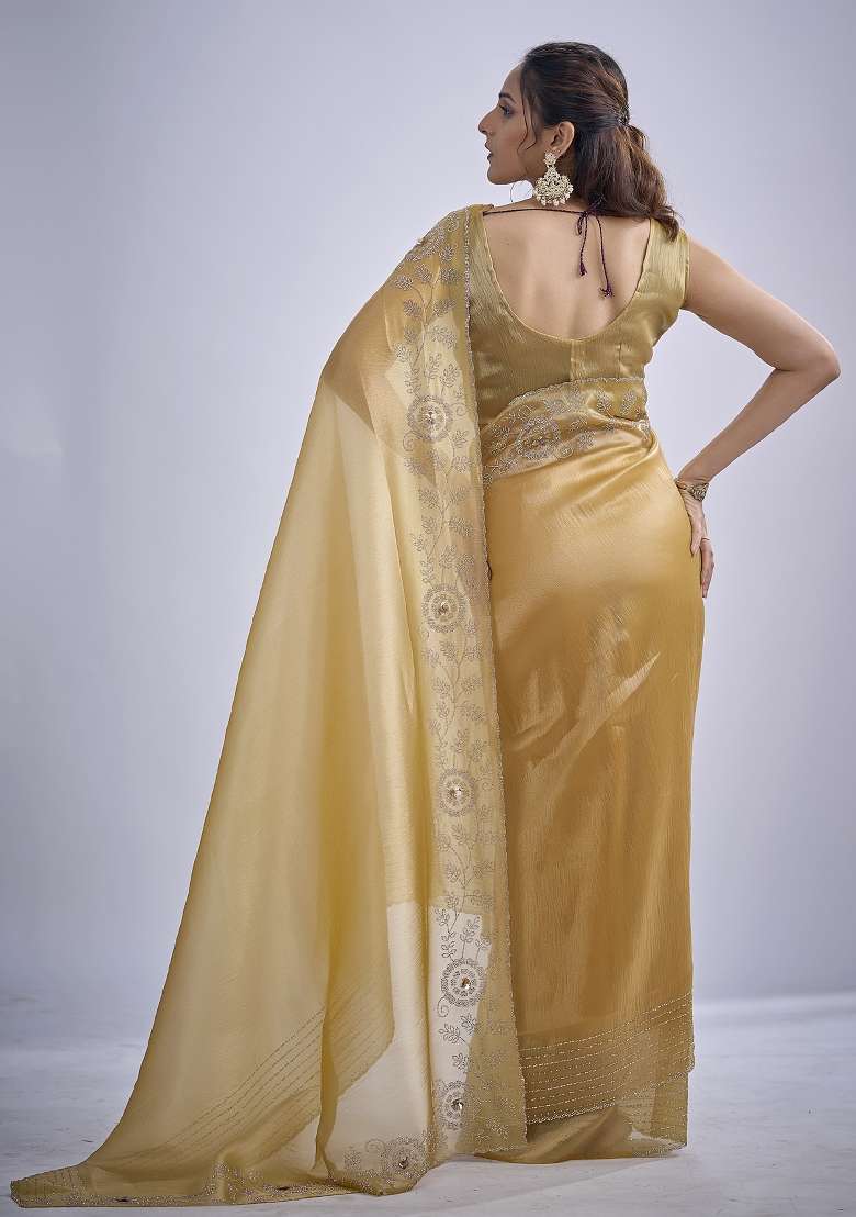 Mustard Sequin Work Silk Blend Saree Set for Diwali and Festive Wear - Indya