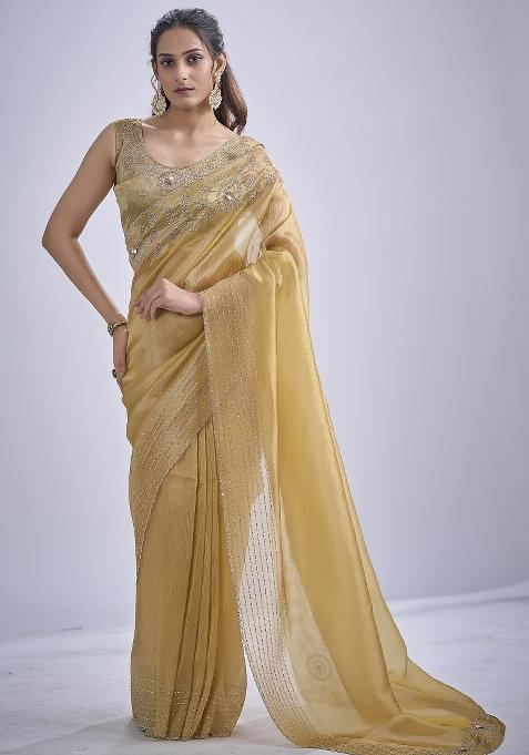 Mustard Sequin Work Silk Saree Set