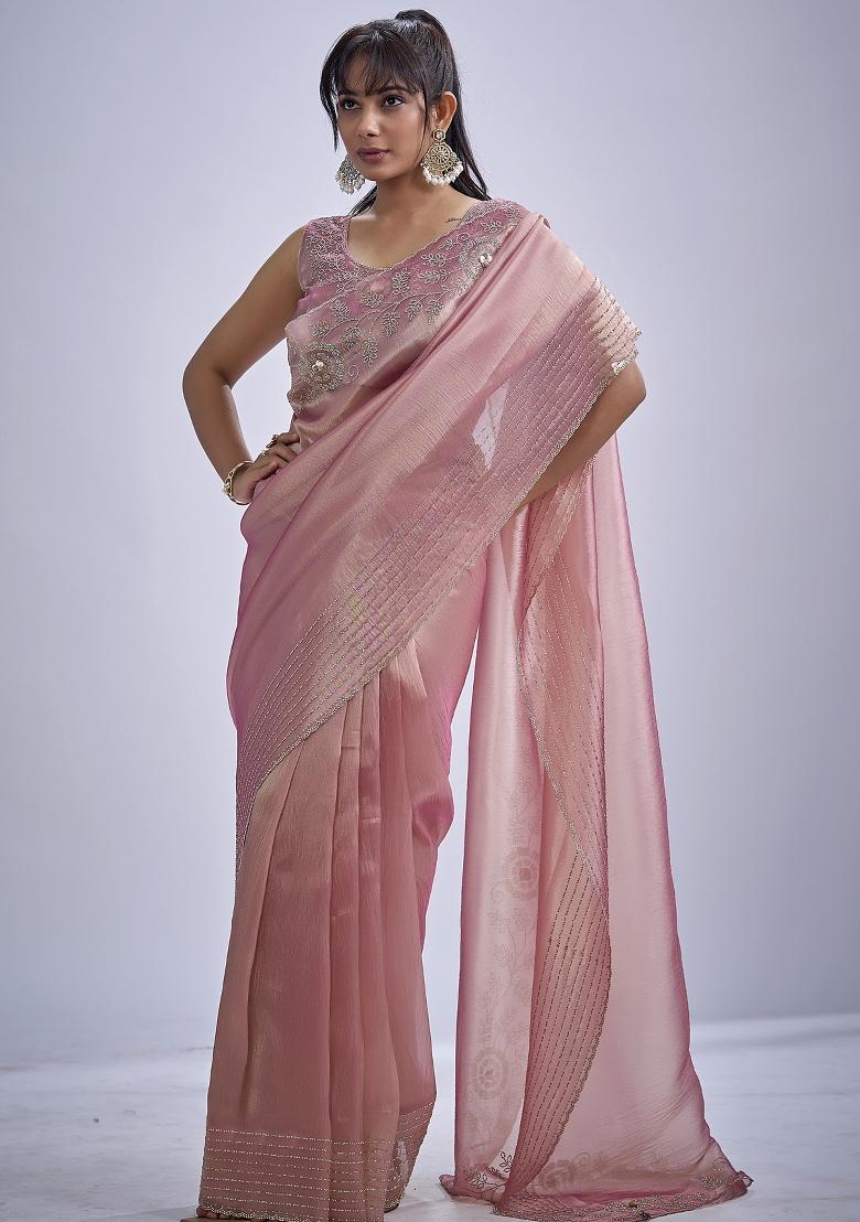 Pink Sequin Work Silk Blend Saree Set - Indya