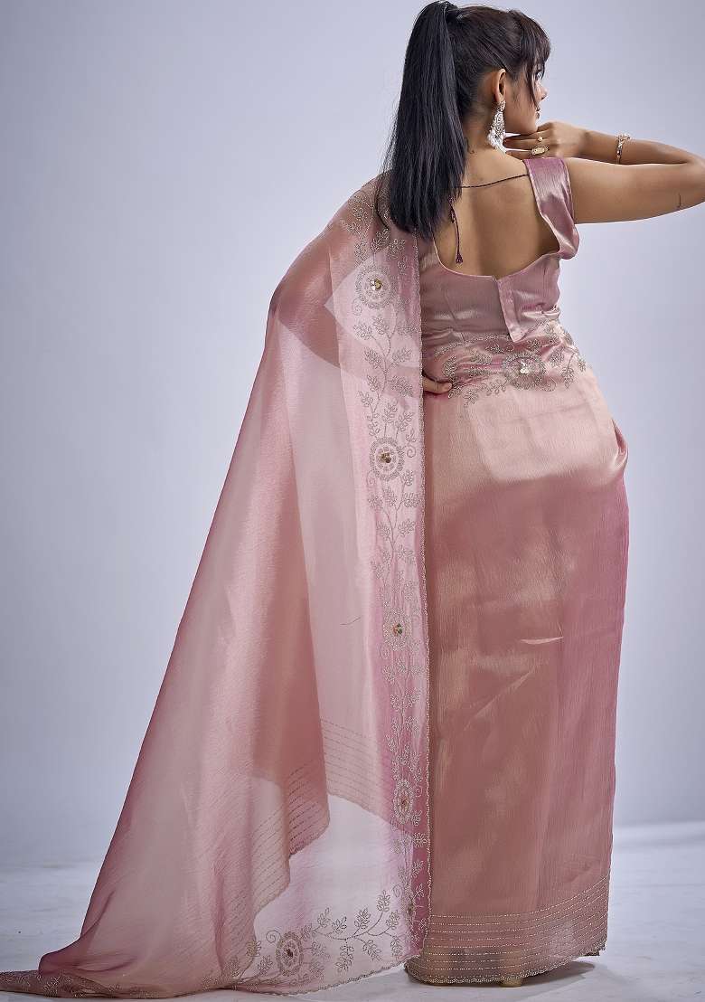 Pink Sequin Work Silk Blend Saree Set for Diwali and Festive Wear - Indya