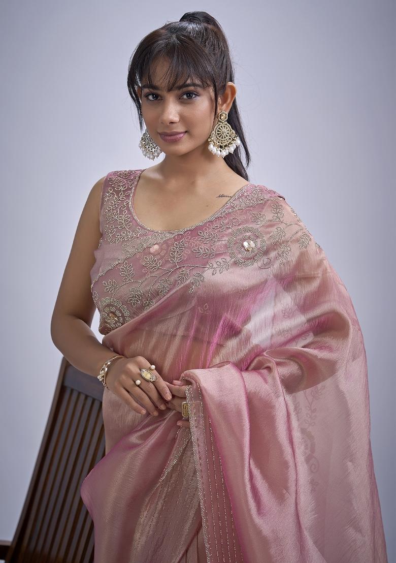 Pink Sequin Work Silk Blend Saree Set - Indya