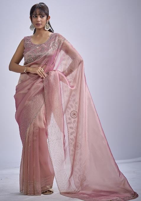 Pink Sequin Work Silk Saree Set