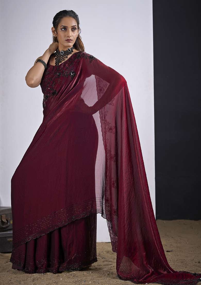 Maroon Work Silk Blend Saree Set with Sequin for Diwali | Wedding & Festive Wear - Indya
