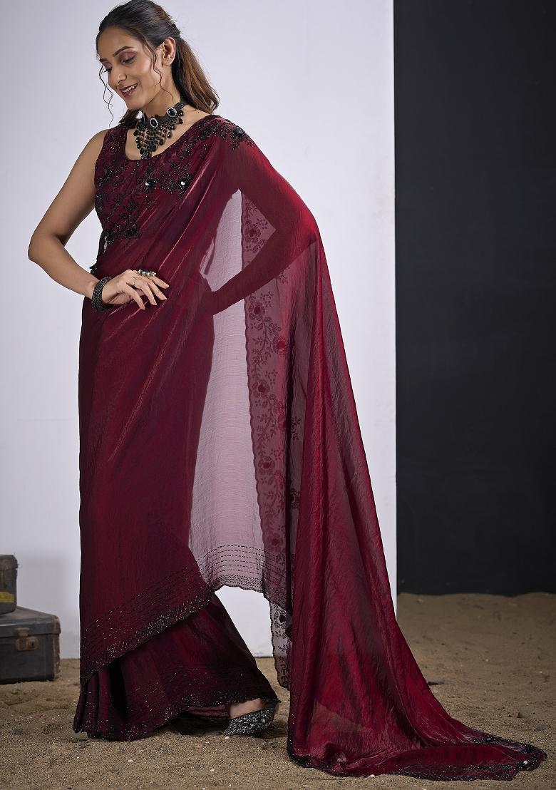Maroon Sequin Work Silk Blend Saree Set - Indya