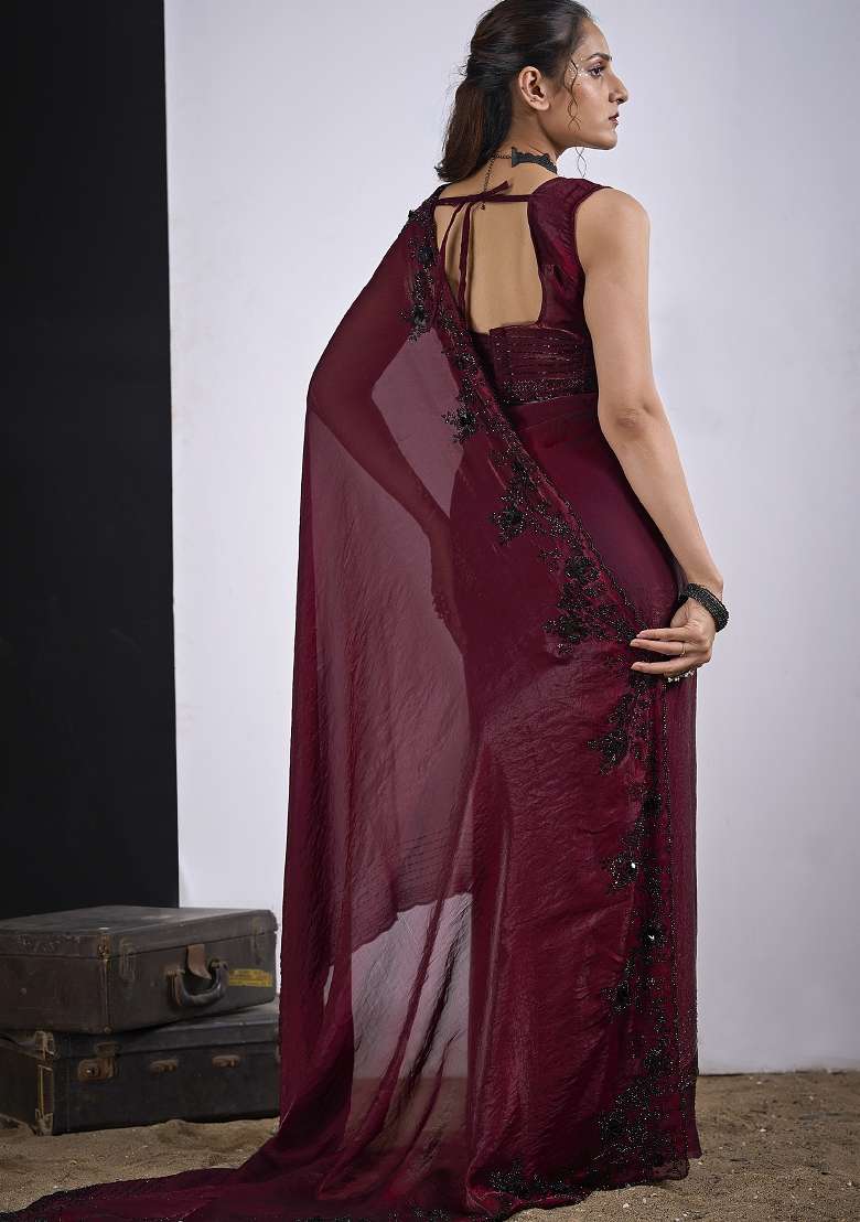 Maroon Work Silk Blend Saree Set with Sequin for Diwali | Wedding & Festive Wear - Indya